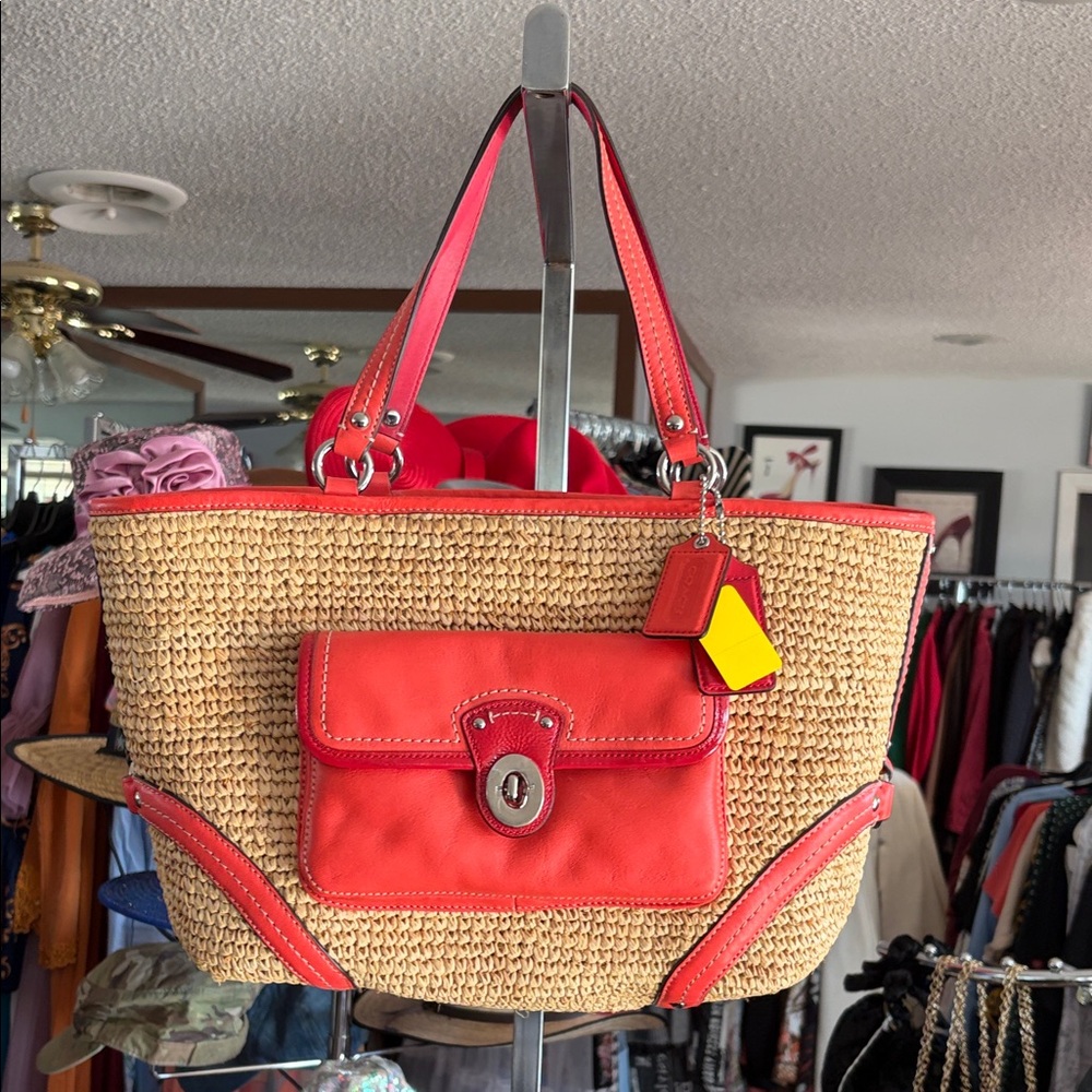 Coach Straw Tote with Red and Yellow Accents